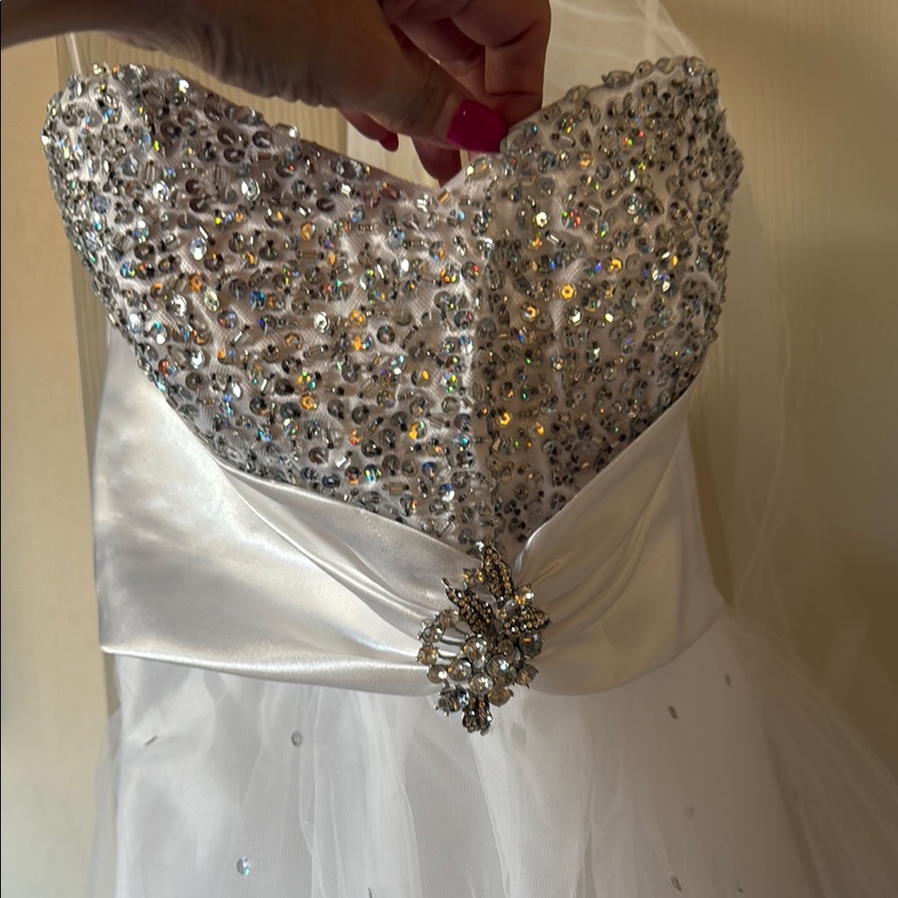 White Strapless Dress with Rhinestone Brooch